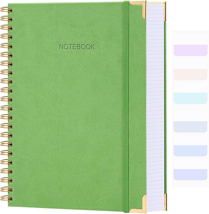 Spiral Notebook, College Ruled Notebook Journal, 8.5” x 11”, 300 Pages Leather Writing Journal for Women Men, A4 Hardcover Notebook for Work School, 24pcs Index Tabs, Green2
