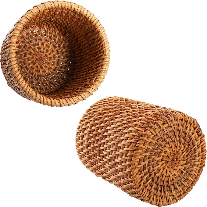 Okllen 2 Pack Rattan Pencil Holder, Handmade Wicker Pen Cup Makeup Brushes Holder, Woven Vine Desk Organizer Pen Container Box for Office & Home Desktop, Kitchen Utensil Cutlery, Cylinder