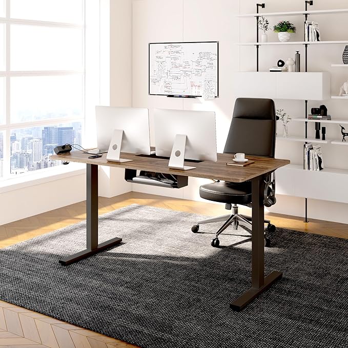 FLEXISPOT EN2 Whole-Piece Standing Desk with Clamp Power Strip, 48 x 24 Electric Stand Up Height Adjustable Desk with Cable Management (Black Frame + 48" Black Walnut Desktop, 2 Packages)
