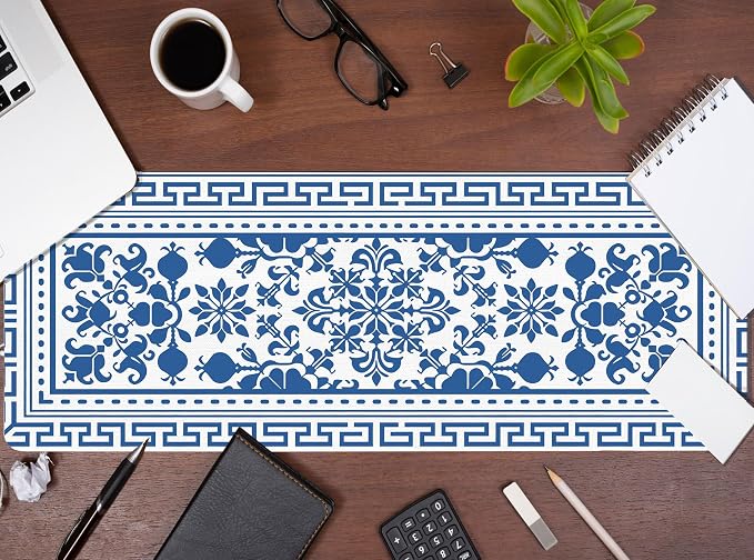 Blue Flroal Desk Mat, Blue and White Mouse Pad for Desktop 31.5x11.8 | Flower Mouse Pad For Desk, Chinoiserie Desktop Mats,Blue White Office Decoration Aesthetic, Blue Computers Pads