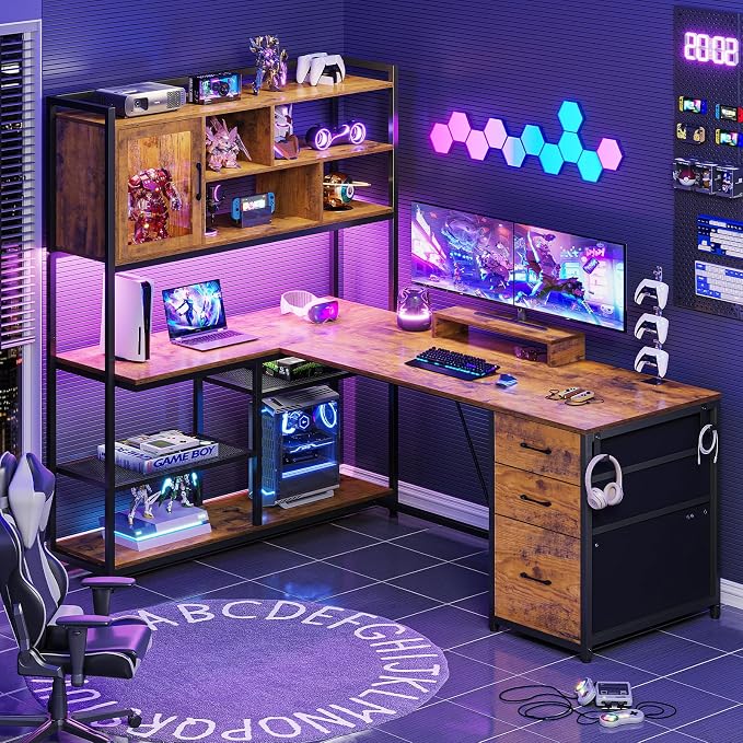 SEDETA 58'' L Shaped Computer Office Desk with 3 Drawers and Bookshelf | L Shaped Corner Desk with Storage Shelves and LED Light for Home Office, Gaming, Small Space, Rustic Brown