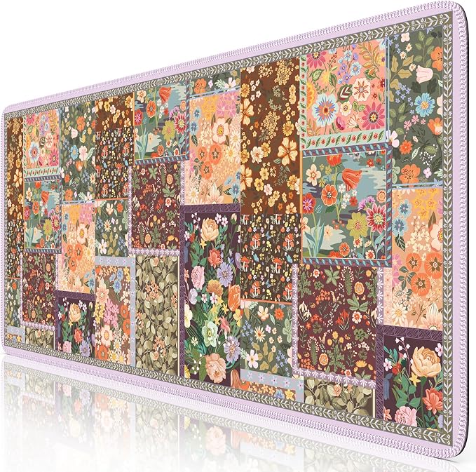 iCasso Floral Desk Pad Mat, Large Mouse Pad, Desk Matt for Desktop, Brown | Anti-Slip XXL Big Mousepad with Stitched Edges for Computer Keyboard