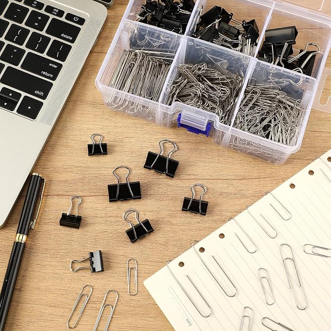 SANNIX 500Pcs Paper Clips and Binder Clips Assorted Sizes, Paper Clips | Black Binder Clips with Large Medium Small Size in Container, for Office Home School Supplies, Document Organizing