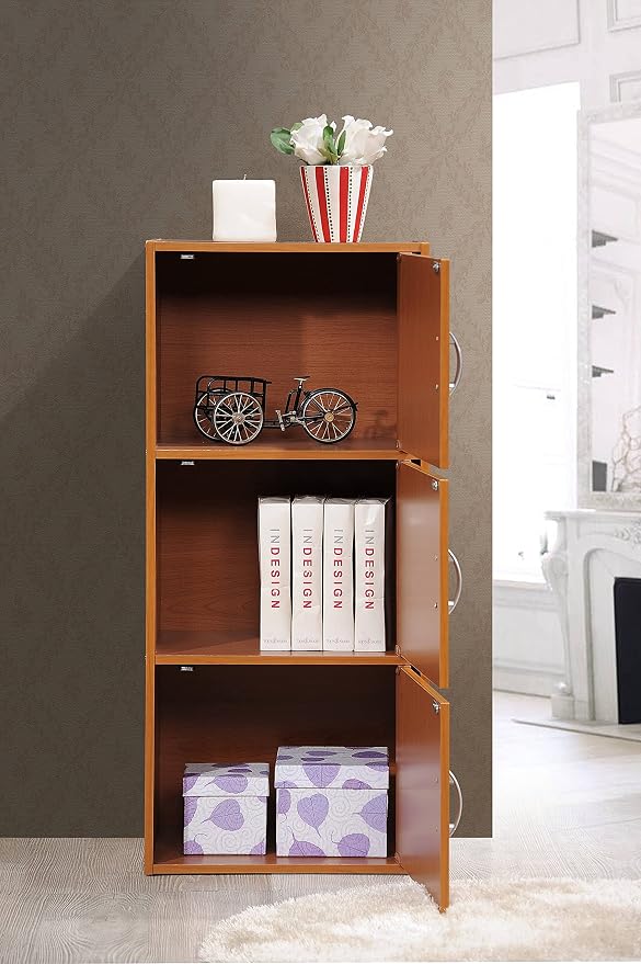 Hodedah 3-Shelf, 3-Door Bookcase in Cherry