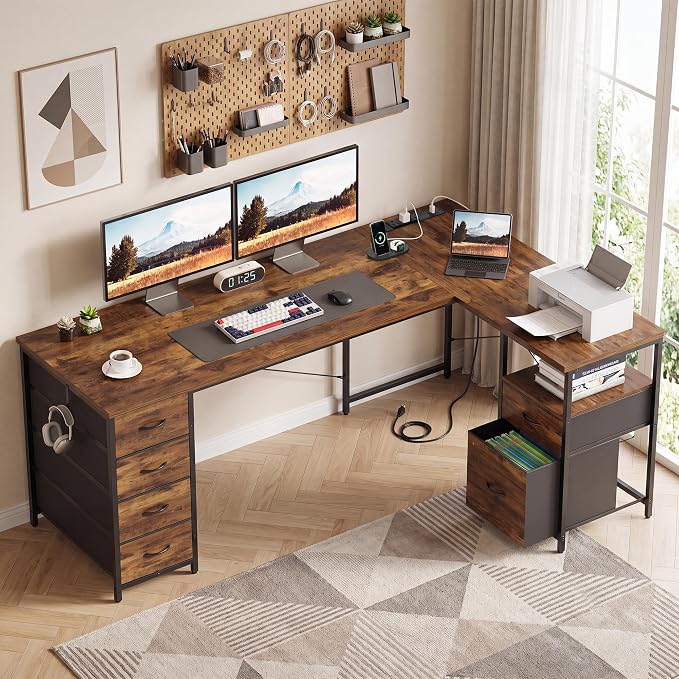 63 Inch L Shaped Office Desk with 6 Drawers & Type-C Port, Rustic Brown | File Cabinet, Power Outlets, Reversible Corner Computer Desk, Work Desk with Storage for Home Office, Bedroom, Gaming, Study