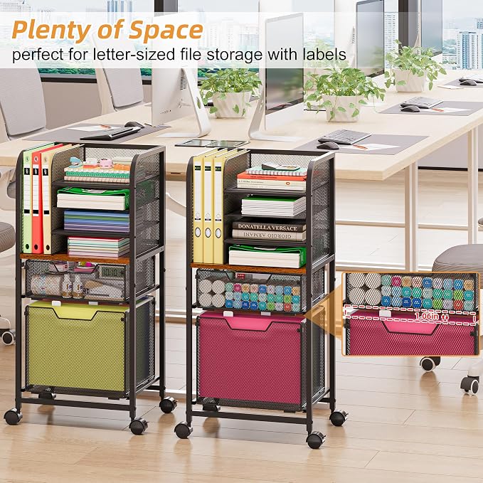 Feyejade 6-Tier Rolling File Cart Multi Mobile Drawer Cabinet Black | File cabinet organizer with wheels, letter size filing storage cart, home office hanging folder storage for teacher