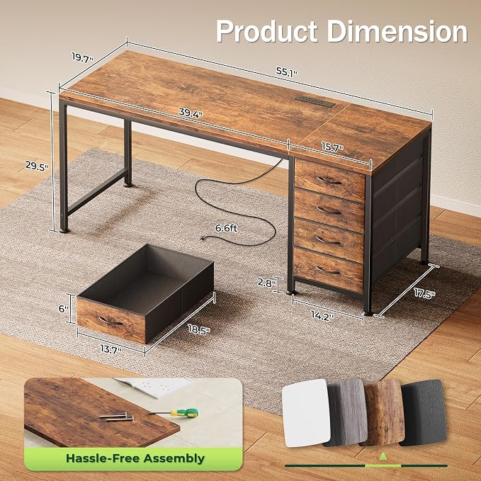 55.1 Inch Computer Office Desk with Power Outelts and USB-C Port, Reversible Gaming Desk with 4 Fabric Drawers, Work Study Desk Work from Home, Rustic Brown