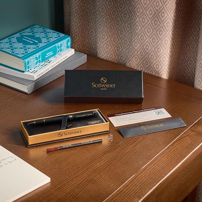 Scriveiner All Black Rollerball Pen - Stunning Luxury All Metal Matt Black Pen, Schmidt Ink Refill, Best Roller Ball Gift Set for Men & Women, Professional, Executive Office, Custom Name Engraving