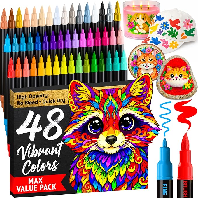 ARTISTRO 48 Dual-Tip Acrylic Paint Marker Pens for Drawing | For Fabric, Rock, Glass, Wood, & Molds, Arts & Crafts Gift for Adults, Teens, & Kids, Classroom Must Haves & School Supplies