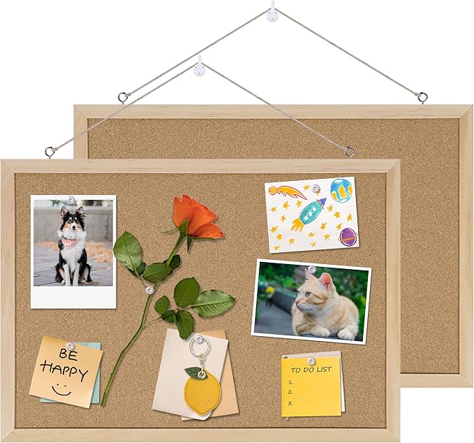 Cork Board Bulletin Board 2 Pack,17"X12" Cork Board for Office with Pin Oak Wood Boards,Hanging Corkboards for Office Home School Message Board or Vision Board Decoration