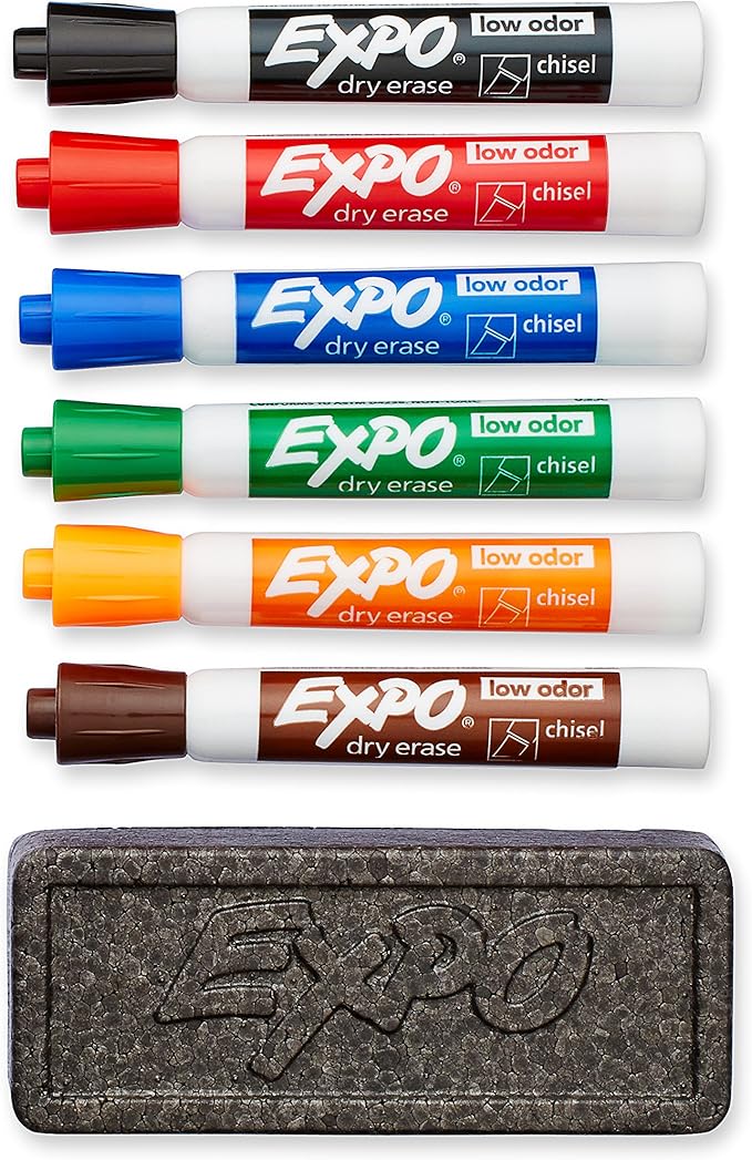 EXPO 80556 Low-Odor Dry Erase Set, Chisel Tip, Assorted Colors, 7-Piece