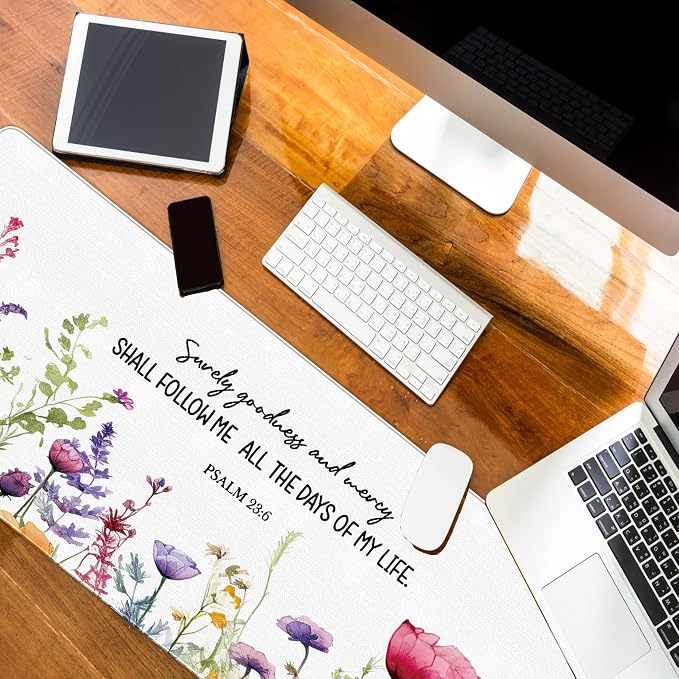 Flroal Christian Desk Mat, Bible Verses Large Mouse Pad 31.5x11.8 | Surely Goodness and Mercy, Flroal Gaming Mouse Pad, Bible Inspiration Gifts, Christian Office Decor for Women