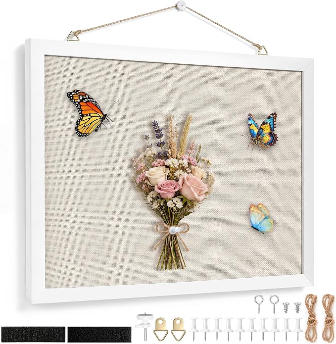 Linen Bulletin Board 14.5"x11", White Wood Frame, Nail-Free Wall Mount, Vision Board, Memo Board for Home Kitchen Office School, Room Decor, Wall Decor, 10 Pushpins