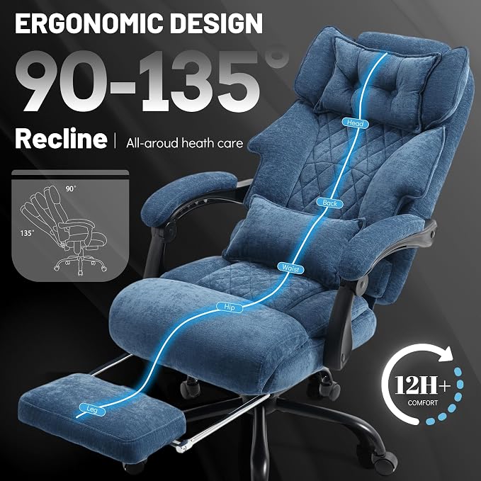 Massage Office Chair with Foot Rest,6 Points Vibration & Heat Executive Office Chairs for Heavy People,500LBS Big and Tall Office Chair,Ergonomic Reclining Desk Chair,Dual-Use Pillow,Home Office,Blue