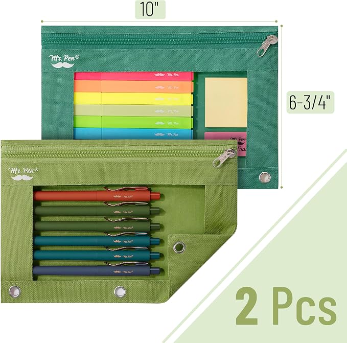 Mr. Pen- Pencil Pouch for 3 Ring Binder, 2 Pack, 10"x6.75", Smooth Zipper | Clear Window, Large Capacity Pencil Case with 3 Reinforced Grommets for School, Office, Supplies Storage | Clear Window, Large Capacity Pencil Case with 3 Reinforced Grommets f...