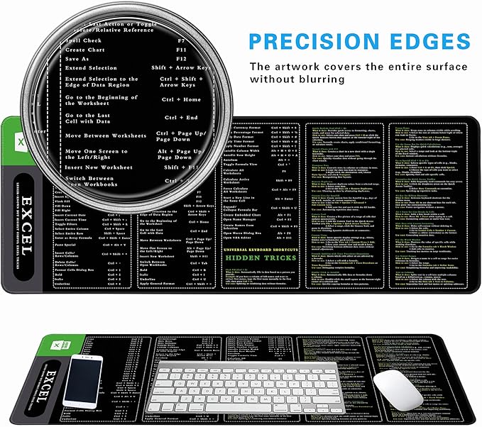 Excel Cheat Sheet Desk Pad, 31.5"x11.8", Waterproof Extra Large Excel Shortcut Mat with Stitched Edges, Anti-Slip Excel Mouse Pad for Office Desk, MS Excel/Word Shortcuts (Green Shortcut B)