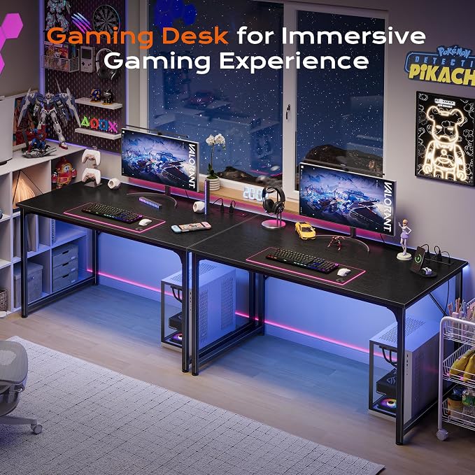 47 X 24 Inch Deeper Desk with Power Outlets | Computer Desk for Bedroom, Office Desk for Work from Home, Writing Study Gaming Table, Stable Metal Frame, Black