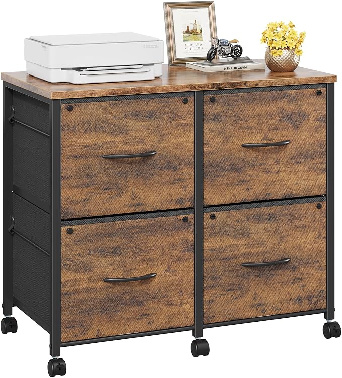 4 Drawer Mobile Lateral File Cabinet 30.5''W for Large Printer | Sturdy Metal Frame & Wood Top, Holds 100 Lbs, Casters, Fits Letter/A4 Size (No Legal), Fabric Drawer, Rustic Brown
