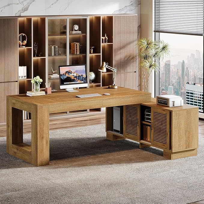 Tribesigns L Shaped Executive Desk with Storage Cabinets and 2-Tier Shelf, 78-Inch Simple Modern Business Furniture Large Computer Writing Table Workstation for Home Office, Dark Brown