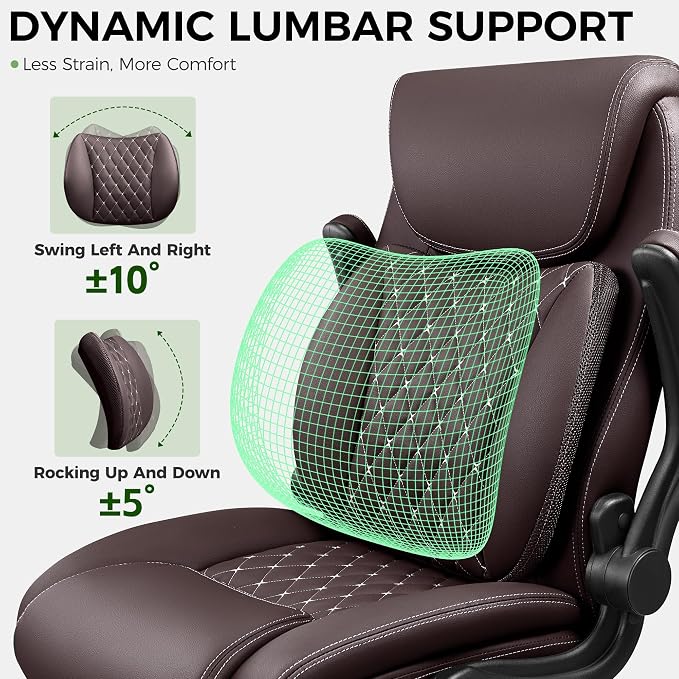 Office Chair, Ergonomic Executive Desk Chair with Lumbar Support for Lower Back Pain Relief, Padded Flip-Up Armrests, Leather Home Office Chair, Coffee