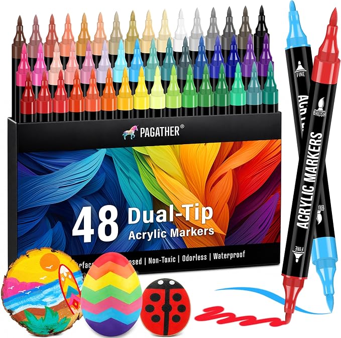 Pagather Acrylic Paint Markers, 48 Colors Dual Tip Fine & Brush Pens Set | For Rocks, Fabric, Wood, Glass & More, Perfect for DIY Crafts and Creative Art Projects with Bright, Smooth and Quick-Dry Ink