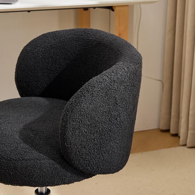 VINGLI Cute Small Swivel Desk Chair Comfy with Wheels,Ergonomic Low-Back Lumbar Support Vanity Nail Tech Rolling Task Stool Chair for Home Office,Height Adjustable,Teddy Fleece,Black