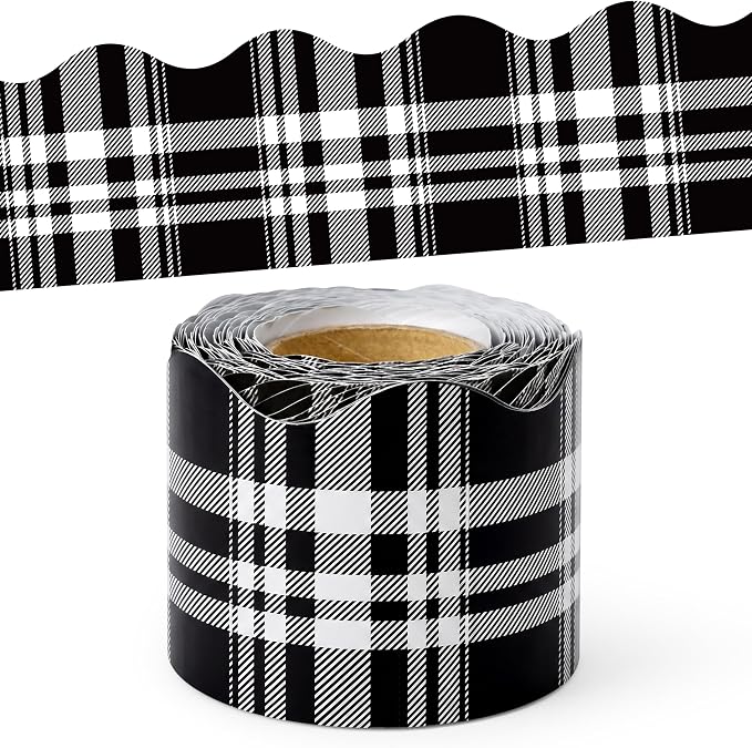 BeYumi Black Plaid Border Trim - 65ft Back to School Classic Black and White Plaid Scalloped Rolled Border Trim Checkered Bulletin Board Set School Classroom Office Chalkboard Wall Holiday Party Decor