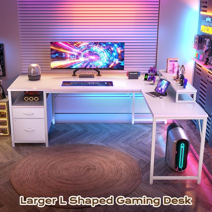 63 Inch L Shaped Desk with Power Outlets and USB-C Port, Computer Corner Home Office Desk with File Fabric Drawers and Movable Monitor Stand, Larger Storage, Gaming, Writing, Work, White