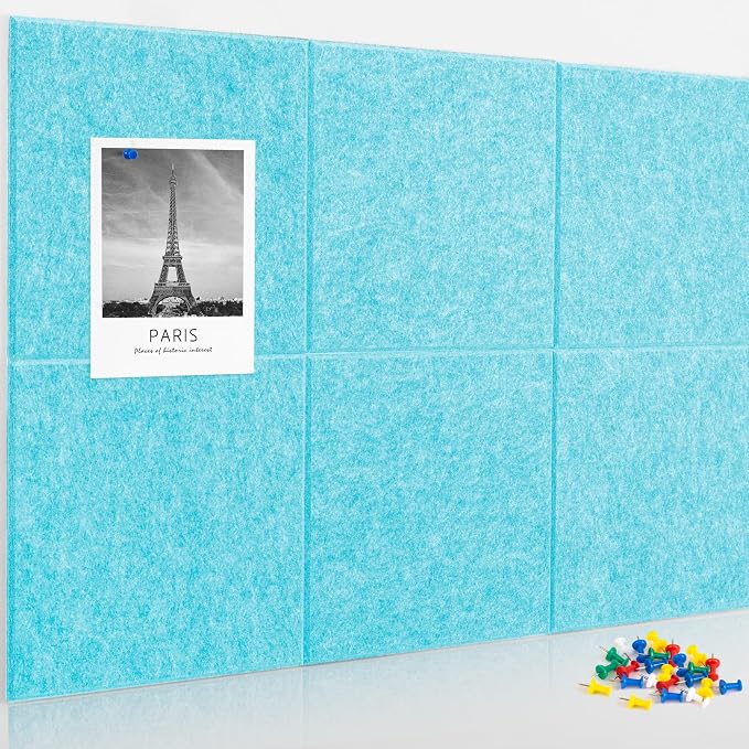 AKTOP Cork Board Bulletin Board 24"x36", 6 Pack Removable Felt Cork Board Tiles for Wall, Large Corkboard Notice Pin Board for Office, School & Home,24 Safe Adhesive Tabs, 20 Push Pins, Baby Blue
