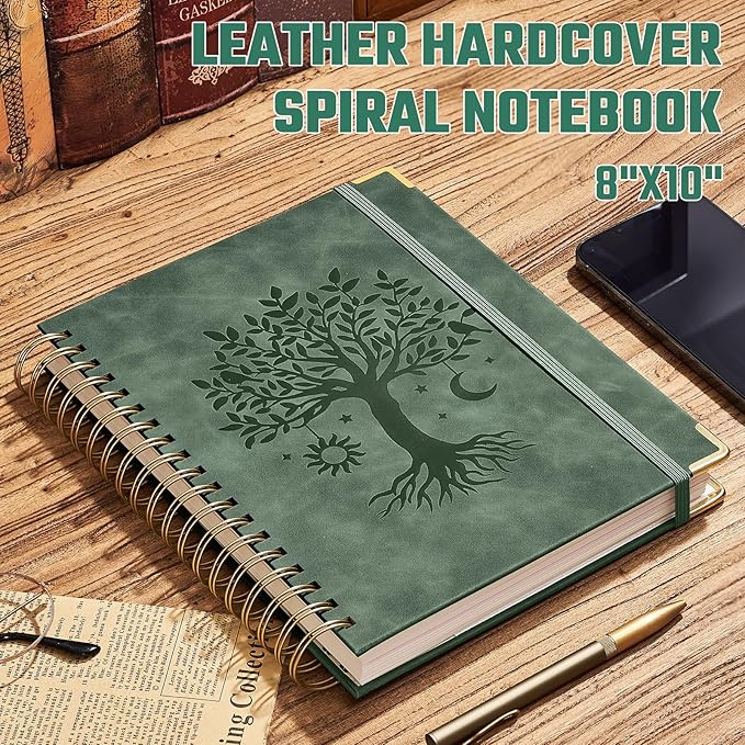 Hardcover Spiral Notebook 8" x 10" with 5 Removable Dividers 300 Pages Leather 5 Subject Notebook College Ruled 100GSM Large Spiral Notebooks for Work Thick Lined Journal for Women, Green