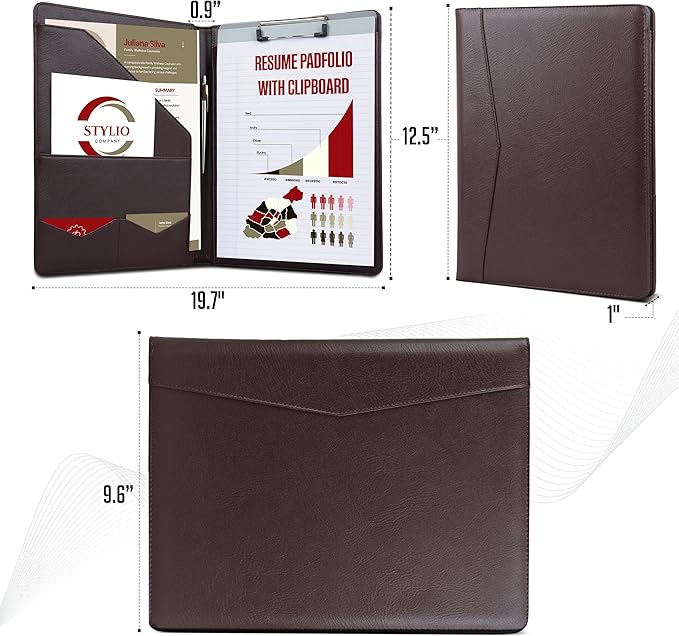 STYLIO Padfolio Folder with Removable Clipboard | Walnut (Brown) Color| Portfolio Organizer | Binder with Storage for Notebook, Notepad | Nursing Clipboard Folio | Vegan Leather