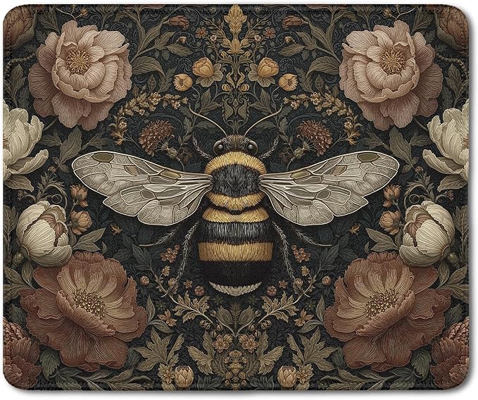 Vintage Floral Bee Mouse Pad, Dark Contemporary Botanical Bumblebee Mouse Pads Mousepad for Desk Home Office Dorm Laptop, Cottagecore Nature Office Supplies Desk Accessories, 9.5x7.9 Inch