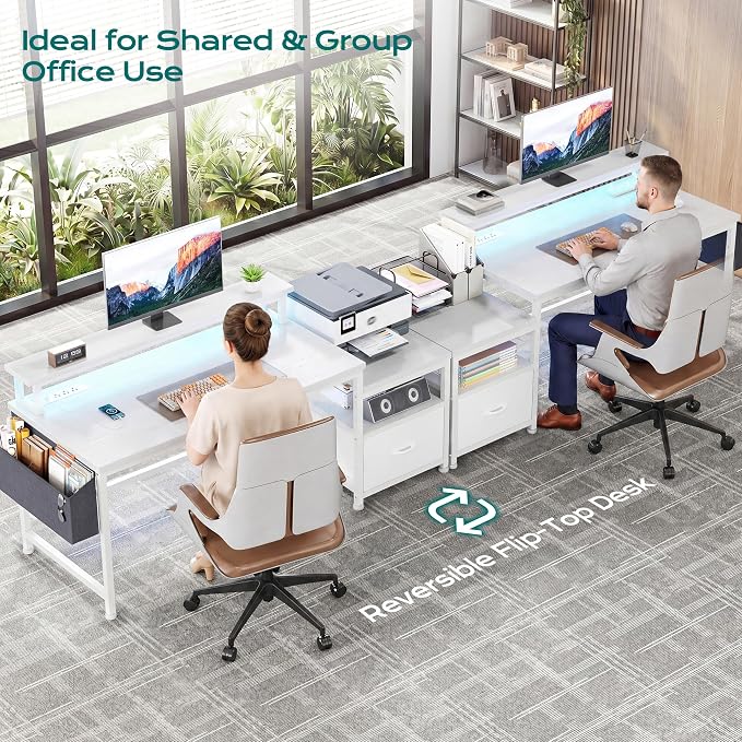 EnHomee 56.5" Office Desk with Drawers & Printer Space for Home Work,White | Computer Desk with 3 AC Outlets& 2 USB Ports,Waterproof LED Strip Lights,Monitor Stand & Side Pockets,Home Office,Bedroom