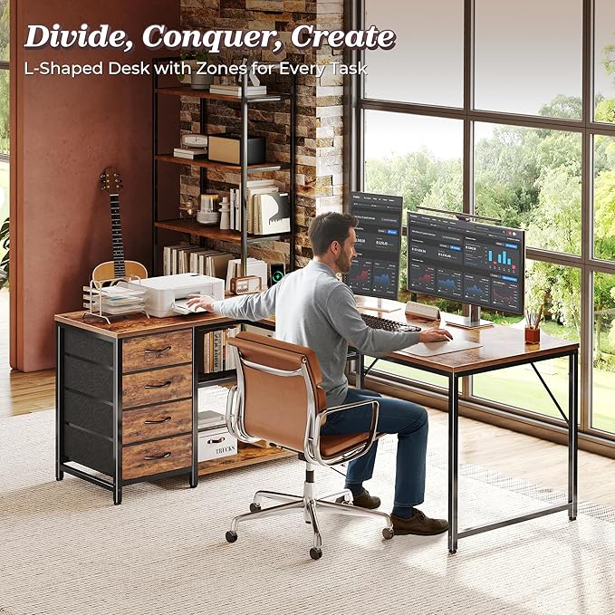 53" L Shaped Desk with Power Outlets & 4 Drawers | Reversible Computer Desk with 2 Storage Shelves, Large Corner Office Desk for Gaming Writing Work Study, Rustic Brown