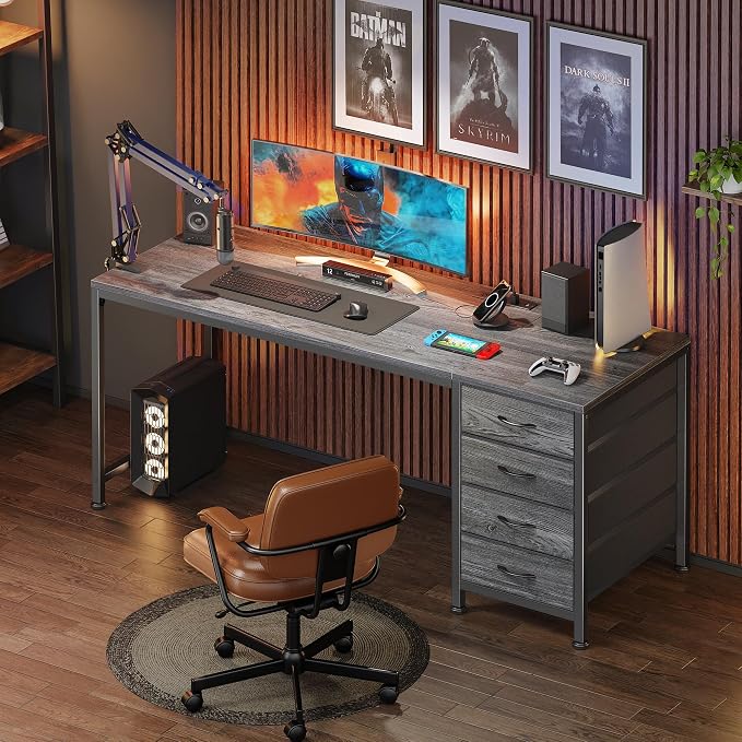 55.1 Inch Computer Office Desk with Power Outelts and USB-C Port, Reversible Gaming Desk with 4 Fabric Drawers, Work Study Desk Work from Home, Grey