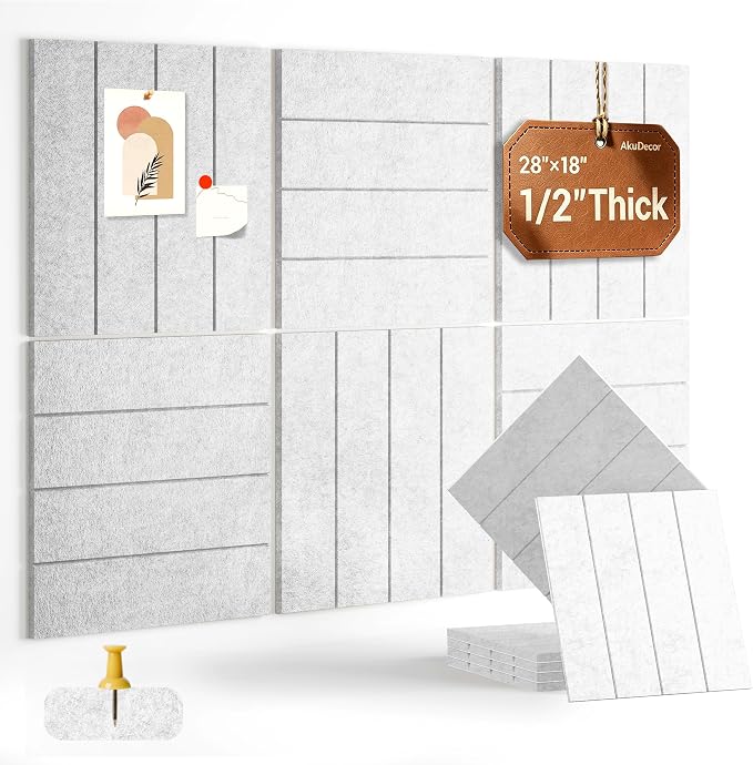 28" x 18" Felt Bulletin Board Tiles 1/2" Thick, Light Gray | 6 Pack Felt Tiles, Large Cork Board Alternative, 30 Adhesive Tabs, Pin Board for Home Office Decor with Easy Install