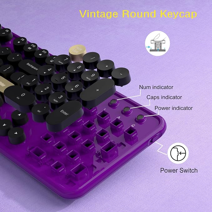 Links9+ Wireless Typewriter Keyboard and Mouse Combo (Purple-Black) | Full-Size Retro Round Keycaps, Clicky Typing, Ergonomic Design, Smart Auto-Sleep, Perfect for Office, Home and School