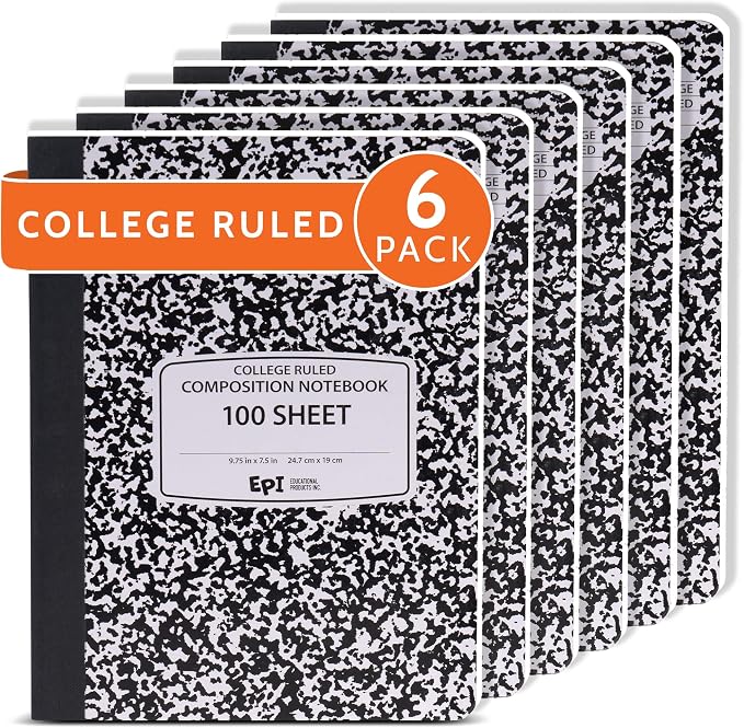 6 Pack - EPI College Ruled Composition Notebook Black - 200 Pages (100 Sheets), 9-3/4 x 7-½ - Classroom Back to School Supplies, Heavy Duty, Durable Hardcover Office Notebooks, Sewn