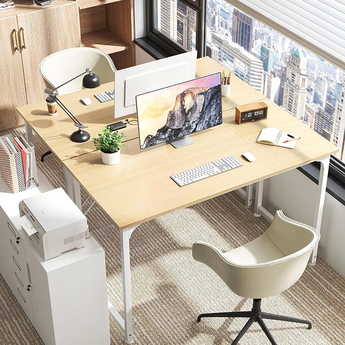 Huuger Computer Desk, 48 Inch Office Desk, Gaming Desk with Storage, Writing Desk Work Desk for Home Office, Study, Modern Simple Desk, Large Legroom, Metal Frame, Maple
