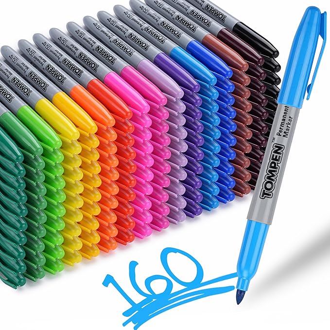 Permanent Markers,Fine Tip,160 Pack Bulk,16 Assorted Multicolor Colors,Waterproof Permanent Marker with Quick Drying on Wood,Plastic,Paper,Metal for Gift Office School Classroom