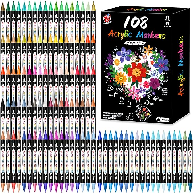 TBC The Best Crafts 108 Colors Dual Tip Acrylic Paint Markers,Waterproof, Non-Toxic, odorless, Suitable for Paper, Pottery, Stones, Backpacks, Glass (108 Colors)