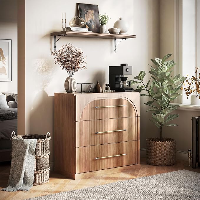 BELLEZE Bookcase with 3 Drawers, Modern Book Shelf with Metal Handle, Wood Bookshelves for Living Room Office Entryway (Camel)