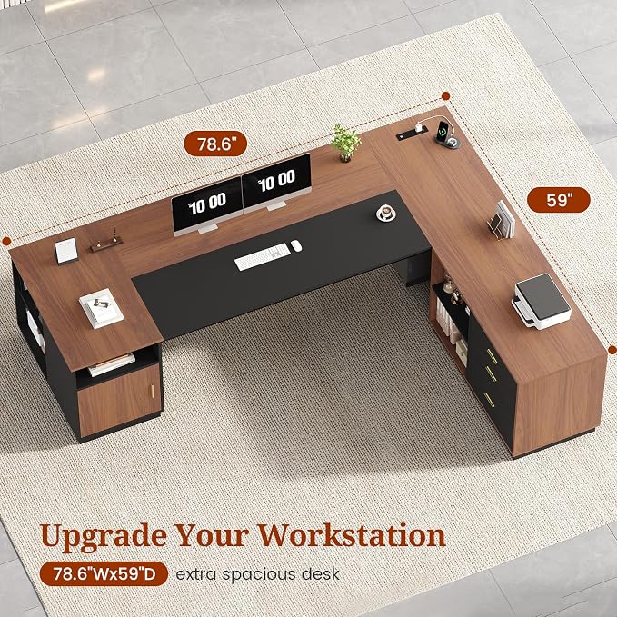 78.7" L Shaped Executive Desk with Lateral File Cabinet, Extra Large Office Desk with Drawers & Power Outlets, Modern Corner Computer Desk with Storage Shelves, Business Furniture, Walnut