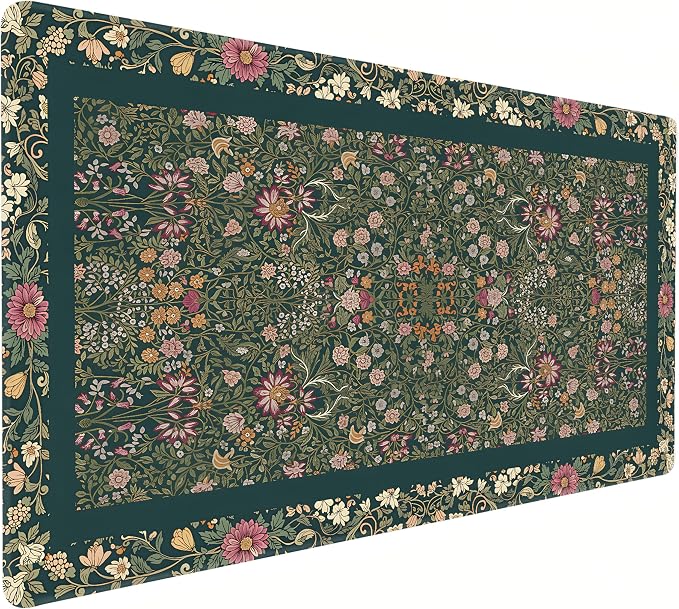 Cute Floral Aesthetic Daisy Gaming Mouse Pad, Dark Green Rug Desk Mat with Anti-Slip Base & Stitched Edges,35.4" x 15.7" in Table Mat for Computer Desktop, Beautiful Workstation Decor