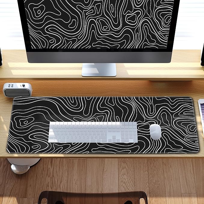 Topographic Contour Gaming Mouse Pad，Large XL Mouse Pad Big Mouse mat,Long Computer Keyboard with 3mm Non-Slip Base and Stitched Edge for Gaming Home Office Work，31.5x11.8in
