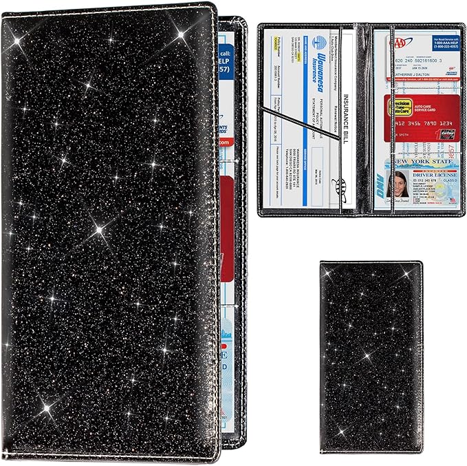 TOURSUIT Car Registration and Insurance Card Holder, Vehicle License Document Glove Box Compartment Organizer, Interior Car Accessories for Women Men Teens (Glitter Black)