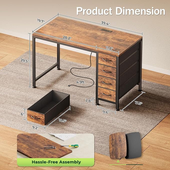 39.4 Inch Computer Office Desk with Power Outelts and USB-C Port, Reversible Gaming Desk with 4 Fabric Drawers, Work Study Desk Work from Home, Rustic Brown