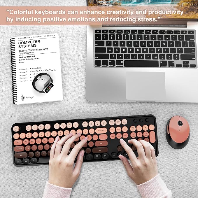 SkyGive Wireless Keyboard and Mouse Combo, Ergonomic Full Size Typewriter Retro Round Keycaps Keyboard, Compatible with Windows, PC, Perfer for Home and Office Keyboards (Aurora Red)