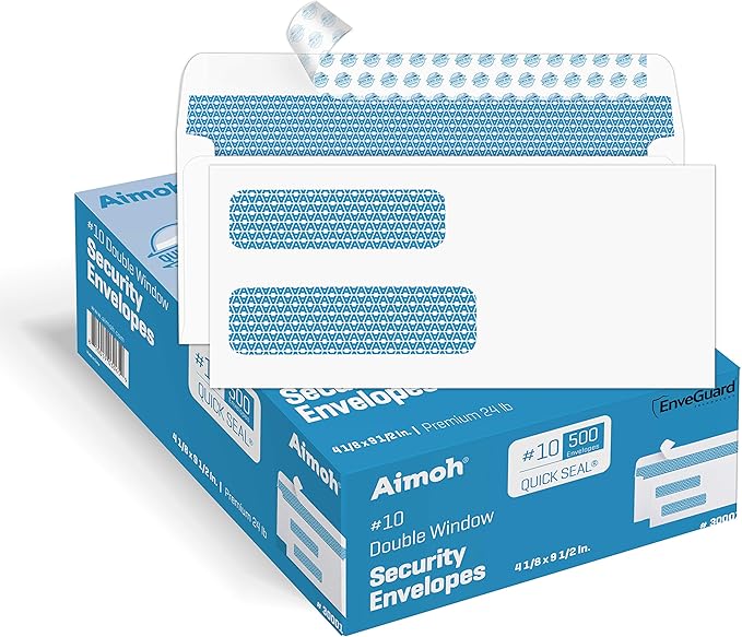 Aimoh 500 Count #10 Double Window Self Seal Security Envelopes - for Invoices, Statements & Business Mailings, Security Tinted - EnveGuard, Size 4-1/8 x 9-1/2 -White -24 LB(30001)