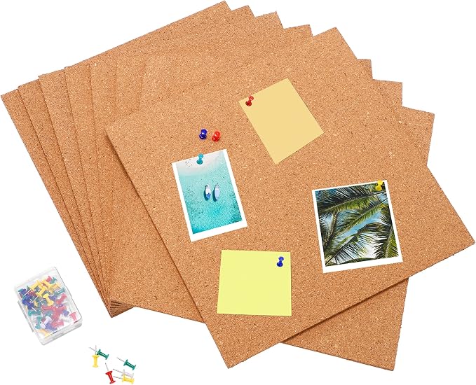 SUNGIFT Cork Board 12"x12" -12 Pack Square Decorative Cork Tiles 1/4" Thick | Bulletin Boards with 100 PCS Push Pins, Double-sided Adhesive Corkboards Tiles For Wall Office